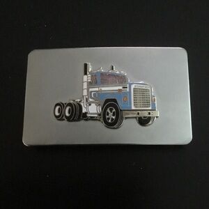 International Semi Truck Belt Buckle Enamel Silver Tone 3.25 x 2” Blue Cab VTG